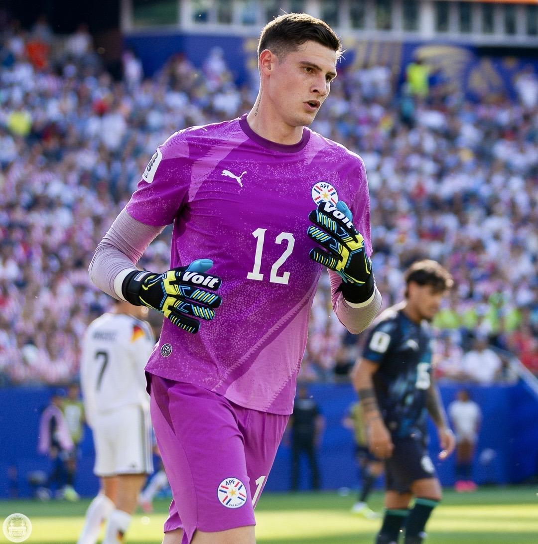 Orlando Gill stands in goal for Paraguay against Germany