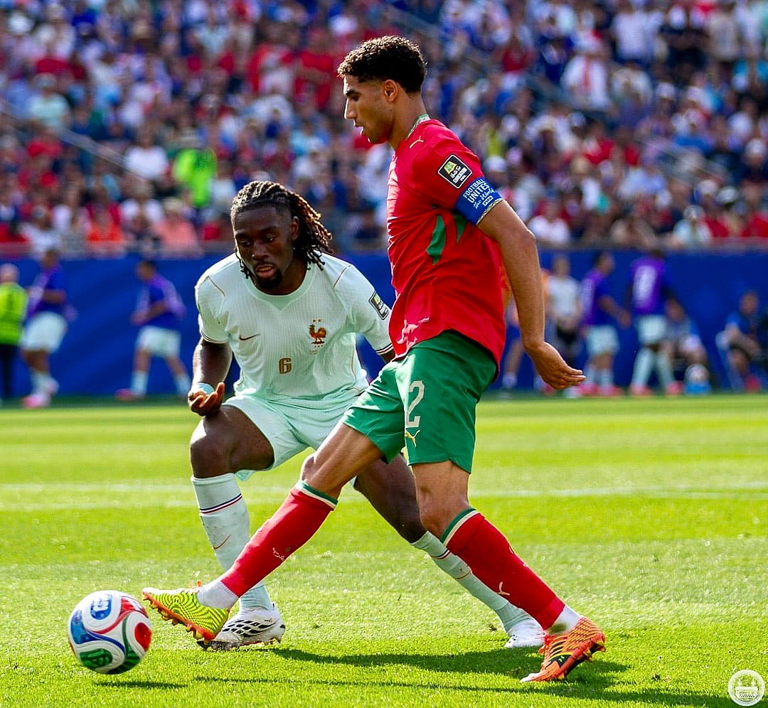 Achraf Hakimi plays for Morocco against France at the World Cup