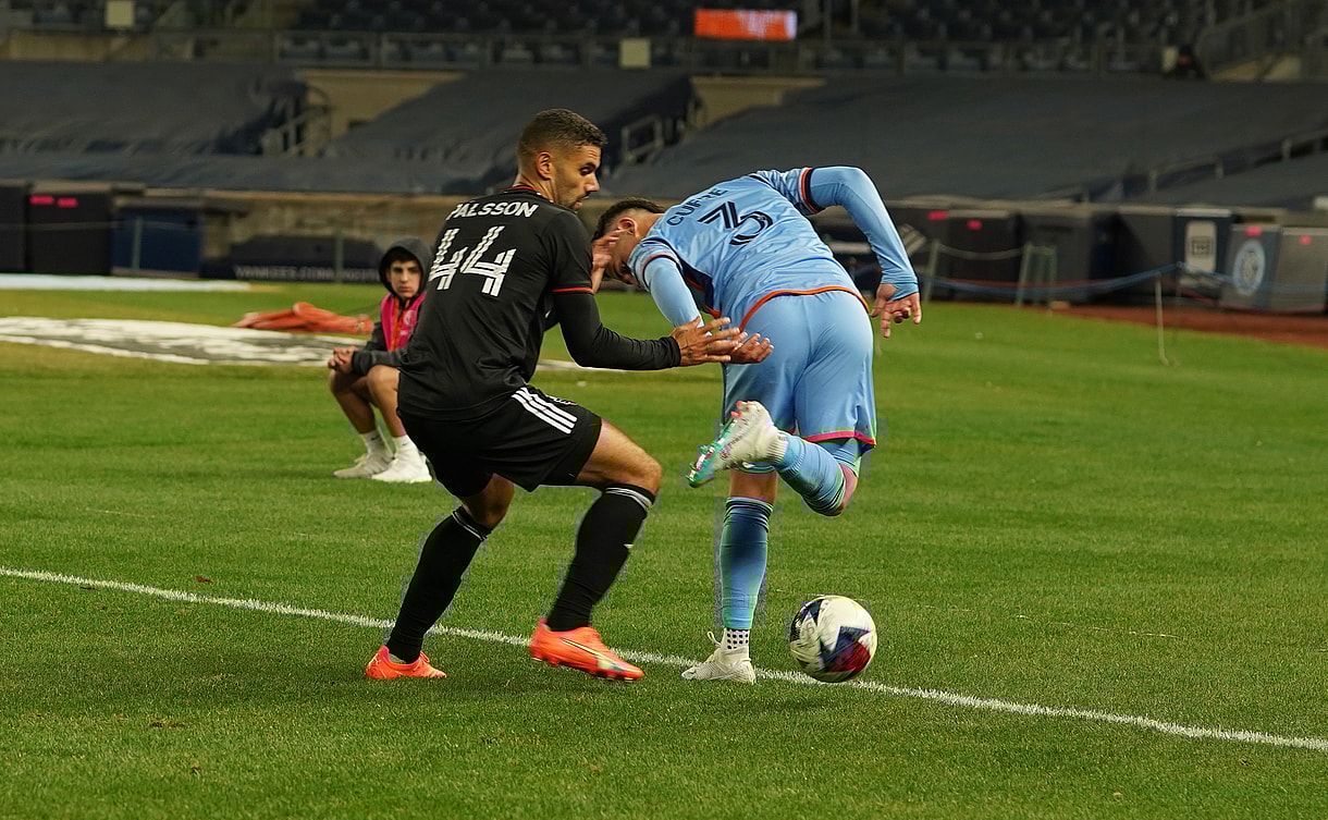 NYCFC vs D.C. United. Cufré with a skill attempt against a defender. Picture by Melinda Morales (@melinda_moraless)