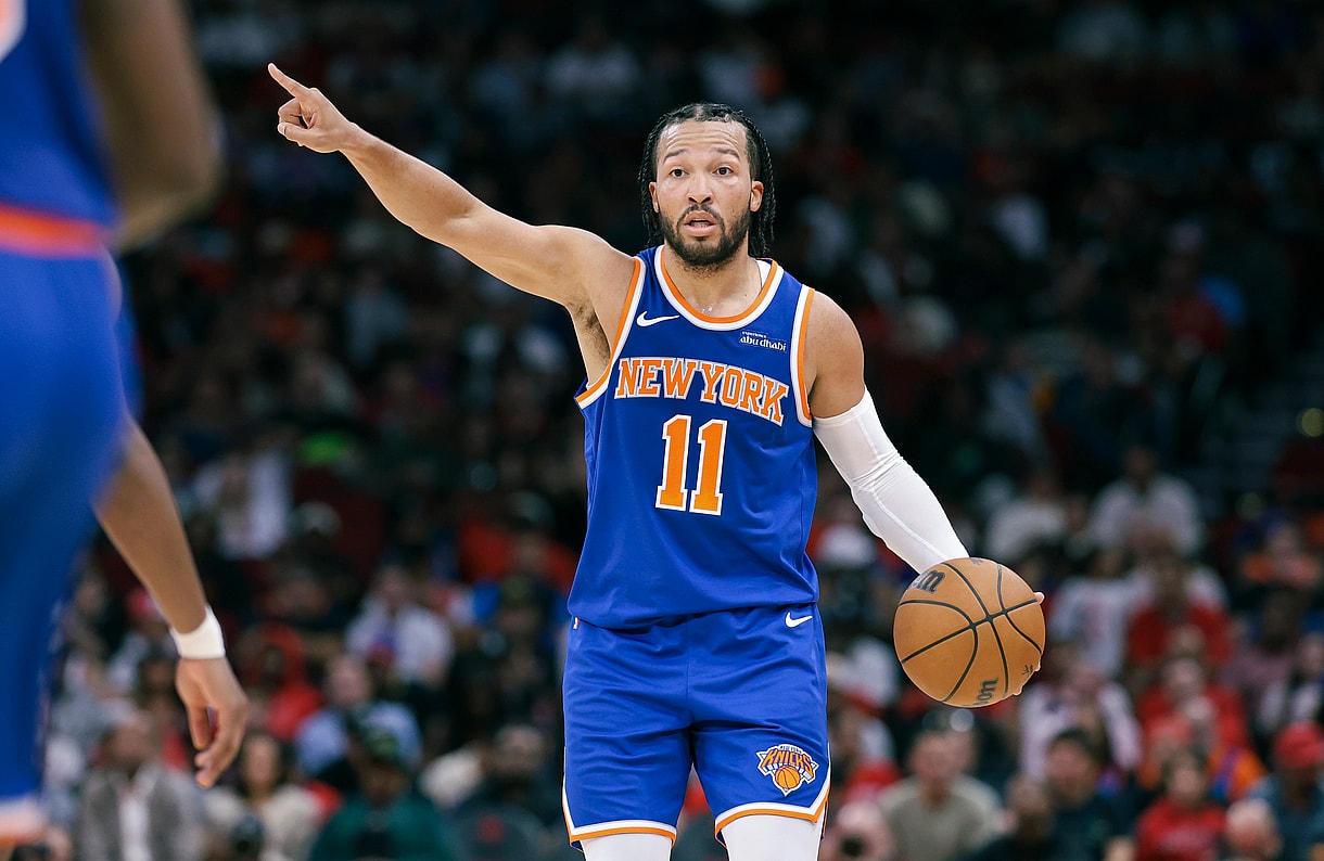 Nov 4, 2024; Houston, Texas, USA; New York Knicks guard Jalen Brunson (11) brings the ball up the court during the third quarter against the Houston Rockets at Toyota Center. Mandatory Credit: Troy Taormina-Imagn Images