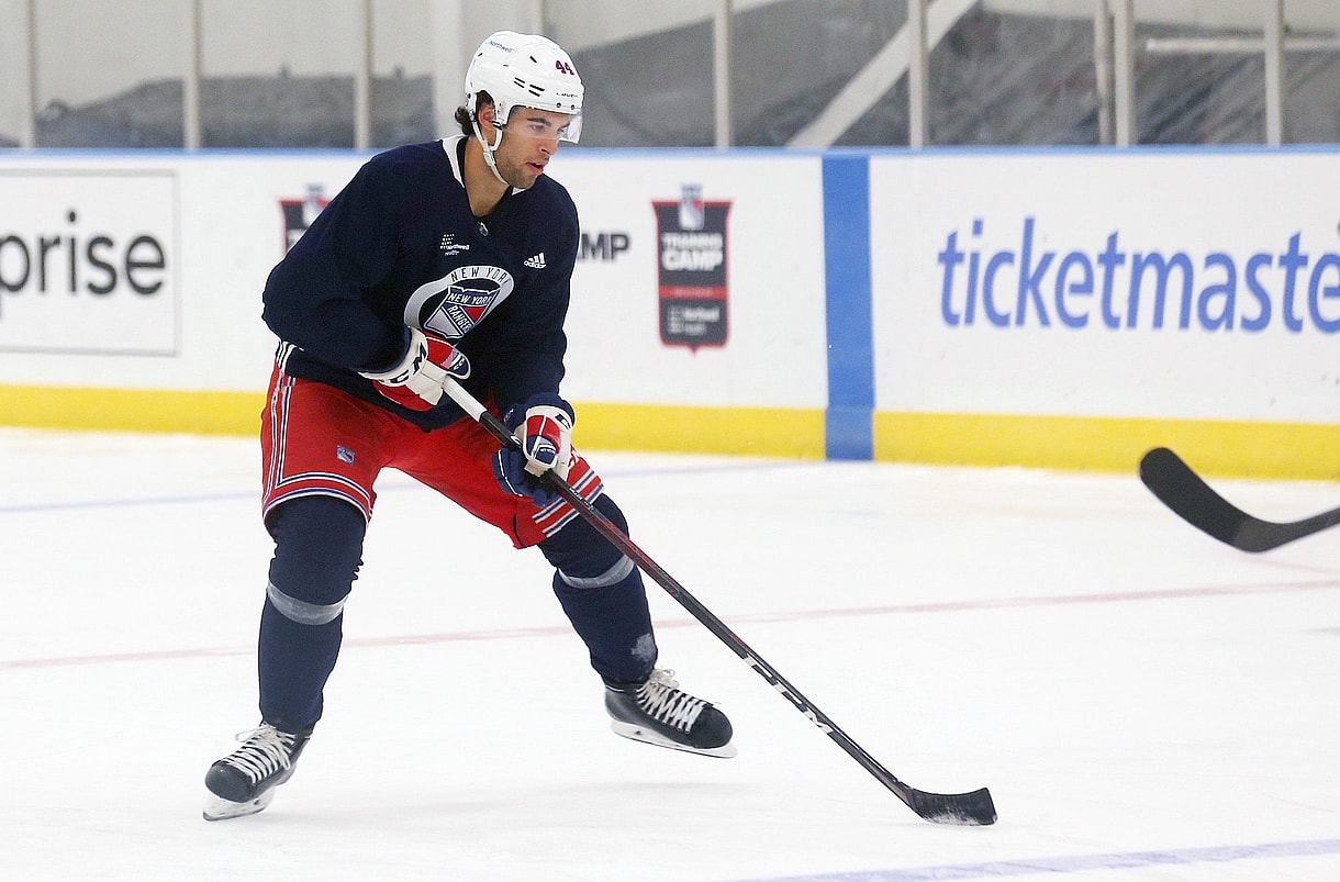 Matthew Robertson takes part in the Rangers Prospect Development Camp at the New York Rangers Training facility in Tarrytown July 12, 2022
