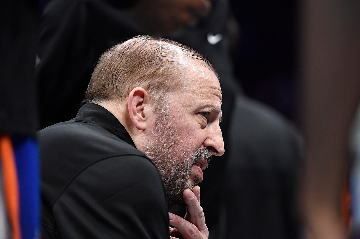 Nov 29, 2024; Charlotte, North Carolina, USA;  New York Knicks head coach Tom Thibodeau in a time out during the second half against the Charlotte Hornets at the Spectrum Center. Mandatory Credit: Sam Sharpe-Imagn Images