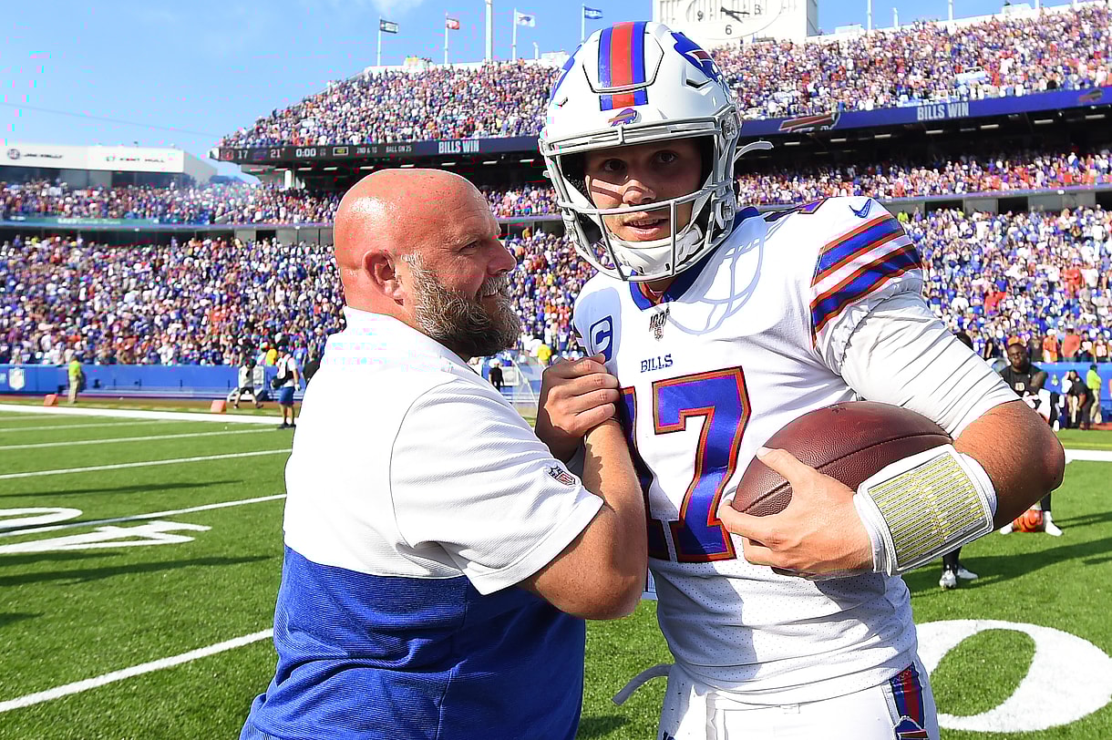 Buffalo Bills quarterback Josh Allen (17) greets offensive coordinator (New York Giants) Brian Daboll following the game against the Cincinnati Bengals at New Era Field
