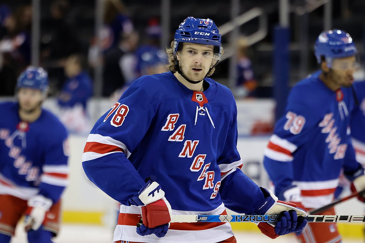 New York Rangers left wing Brennan Othmann (78) looks out during warmups before a game against the New York Islanders at Madison Square Garden