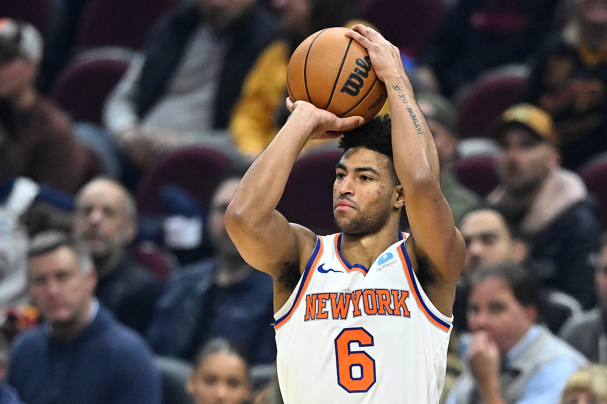 New York Knicks guard Quentin Grimes (6) shoots in the first quarter against the Cleveland Cavaliers at Rocket Mortgage FieldHouse