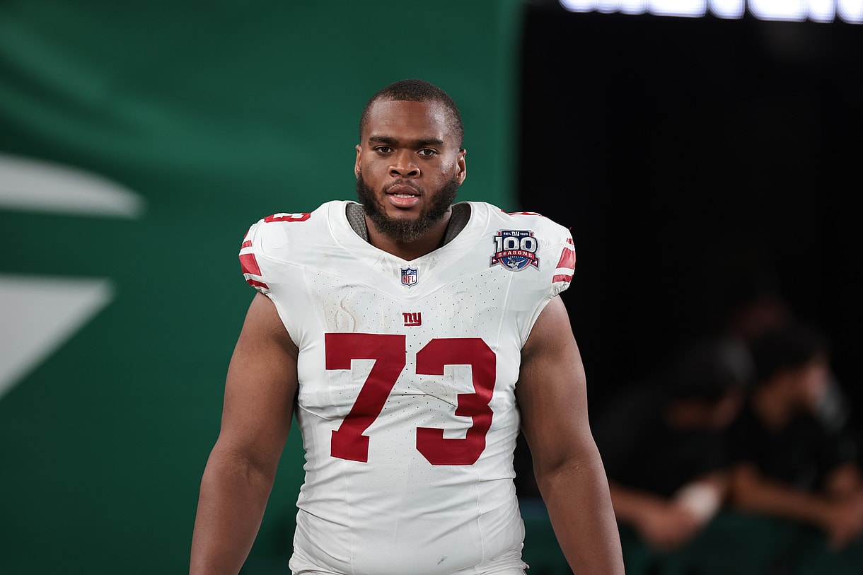 Aug 24, 2024; East Rutherford, New Jersey, USA; New York Giants offensive tackle Evan Neal (73) after the game at MetLife Stadium. Mandatory Credit: Vincent Carchietta-Imagn Images
