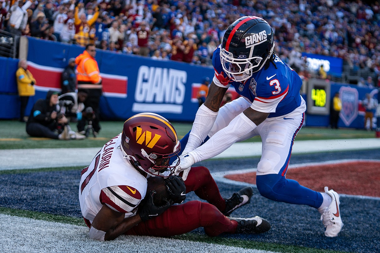 Washington Commanders wide receiver Terry McLaurin (17) catches a pass for a touchdown while being guarded by New York Giants cornerback Deonte Banks (3) during a game between the New York Giants and the Washington Commanders at MetLife Stadium in East Rutherford on Sunday, Nov. 3, 2024.
