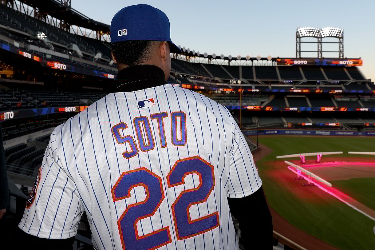 Dec 12, 2024; Flushing, NY, USA; New York Mets right fielder Juan Soto poses for photos during a press conference at Citi Field. Mandatory Credit: Brad Penner-Imagn Images