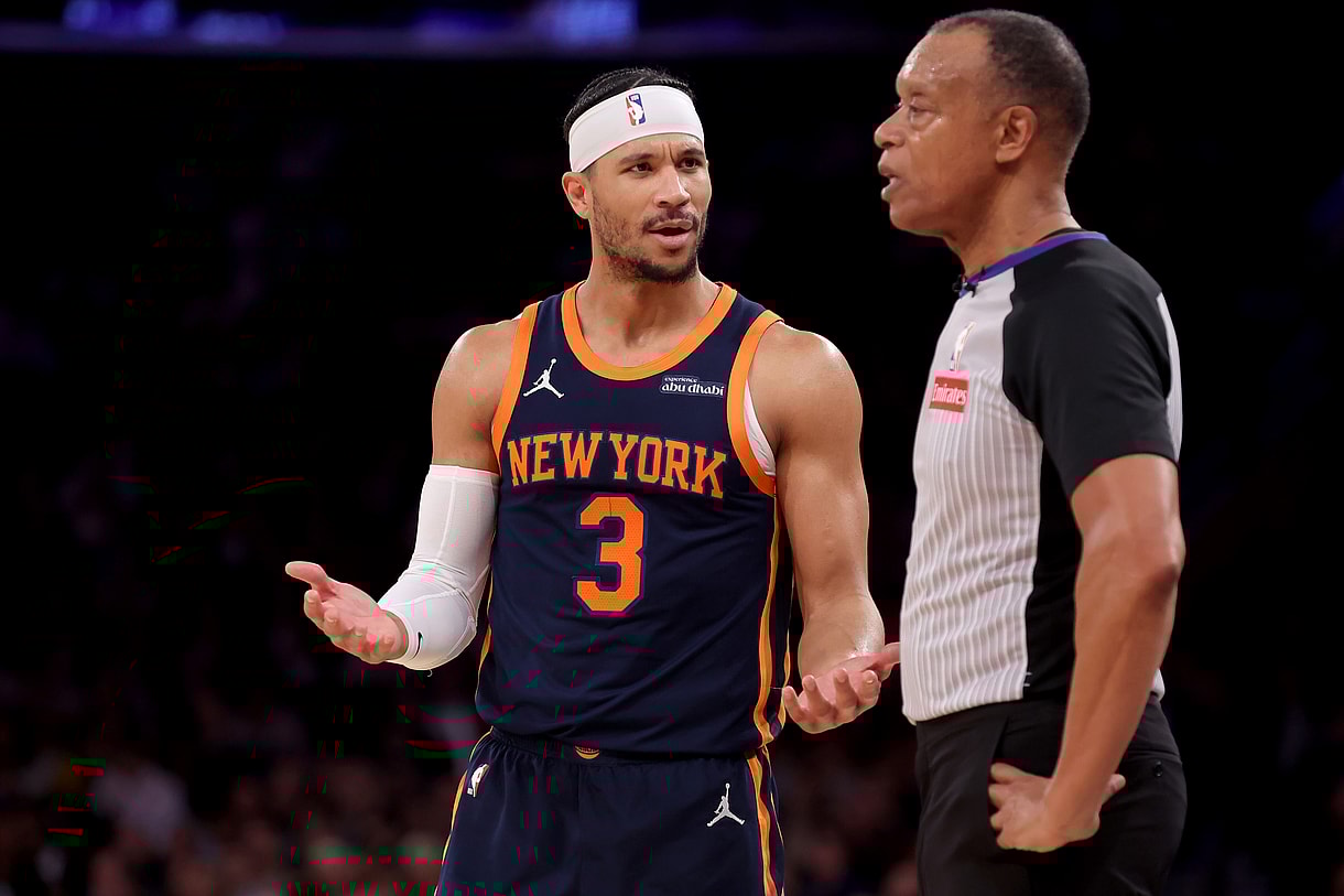 Jan 29, 2025; New York, New York, USA; New York Knicks guard Josh Hart (3) argues with referee Rodney Mott (71) after being called for a technical foul during the fourth quarter against the Denver Nuggets at Madison Square Garden. Mandatory Credit: Brad Penner-Imagn Images