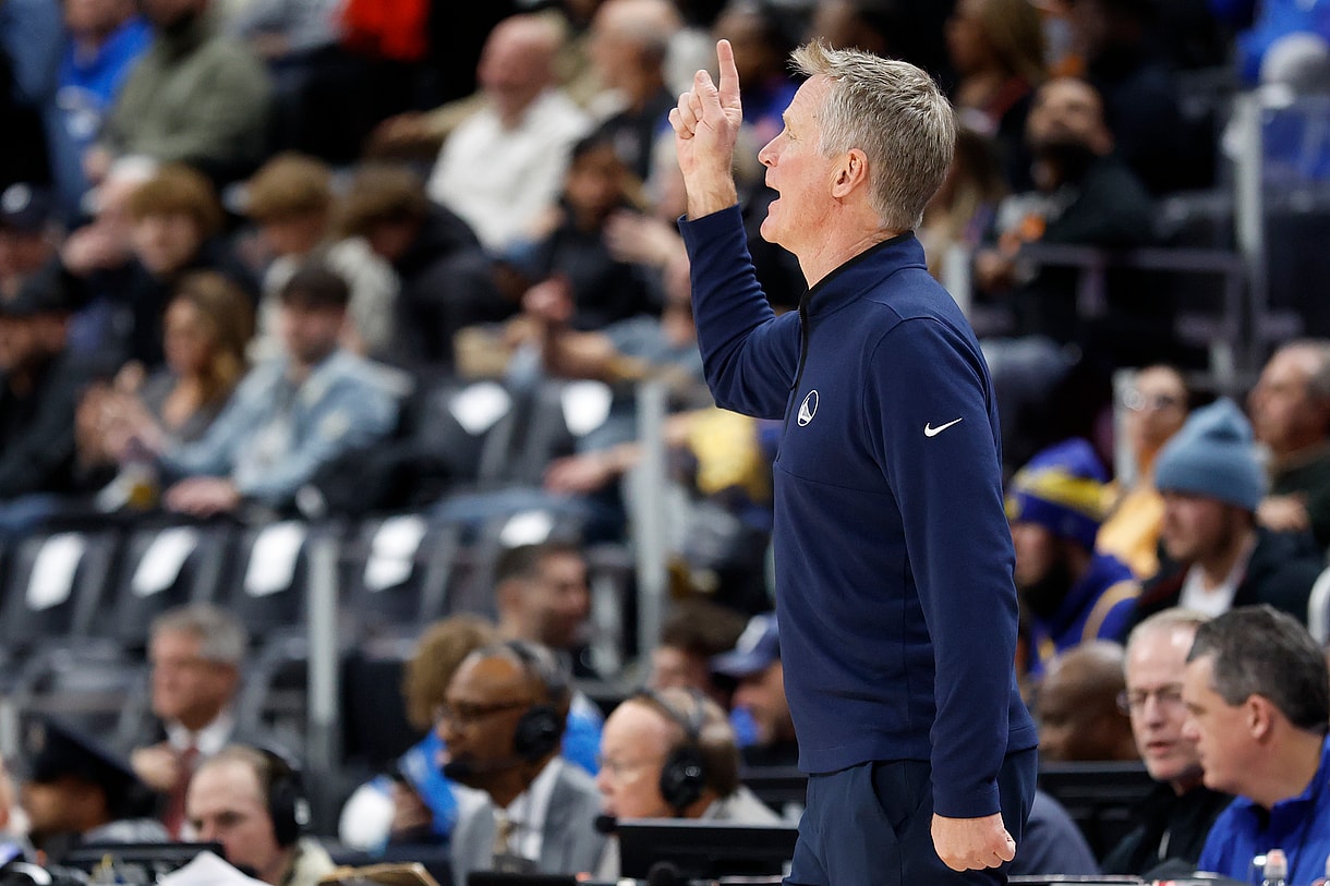 Jan 9, 2025; Detroit, Michigan, USA;  Golden State Warriors head coach Steve Kerr on the sideline in the first half against the Detroit Pistons at Little Caesars Arena. Mandatory Credit: Rick Osentoski-Imagn Images
