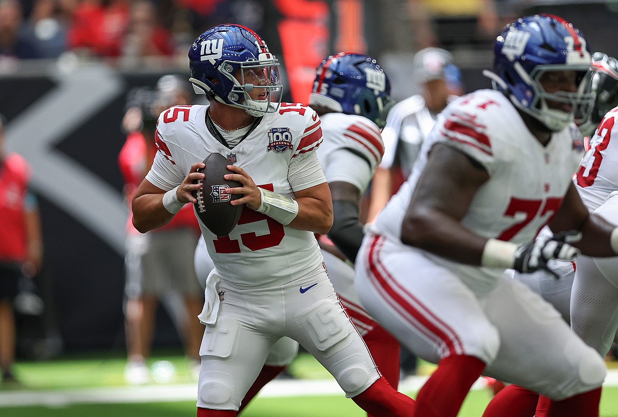 Aug 17, 2024; Houston, Texas, USA; New York Giants quarterback Tommy DeVito (15) in action during the game against the Houston Texans at NRG Stadium. Mandatory Credit: Troy Taormina-USA TODAY Sports