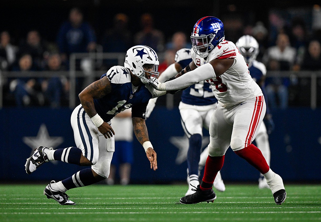 Nov 24, 2022; Arlington, Texas, USA; Dallas Cowboys linebacker Micah Parsons (11) and New York Giants offensive tackle Andrew Thomas (78) in action during the game between the Dallas Cowboys and the New York Giants at AT&T Stadium. Mandatory Credit: Jerome Miron-USA TODAY Sports