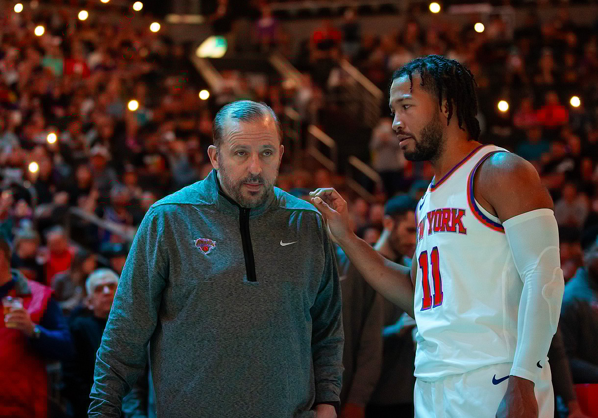 Nov 20, 2022; Phoenix, Arizona, USA; New York Knicks head coach Tom Thibodeau with guard Jalen Brunson (11) against the Phoenix Suns at Footprint Center. Mandatory Credit: Mark J. Rebilas-Imagn Images