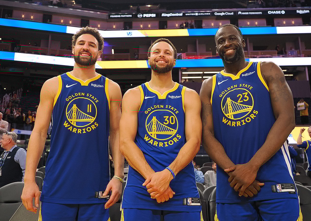 Nov 30, 2023; San Francisco, California, USA; Golden State Warriors guard Klay Thompson (11), guard Stephen Curry (30) and forward Draymond Green (23) after the game against the Los Angeles Clippers at Chase Center. Mandatory Credit: Kelley L Cox-Imagn Images