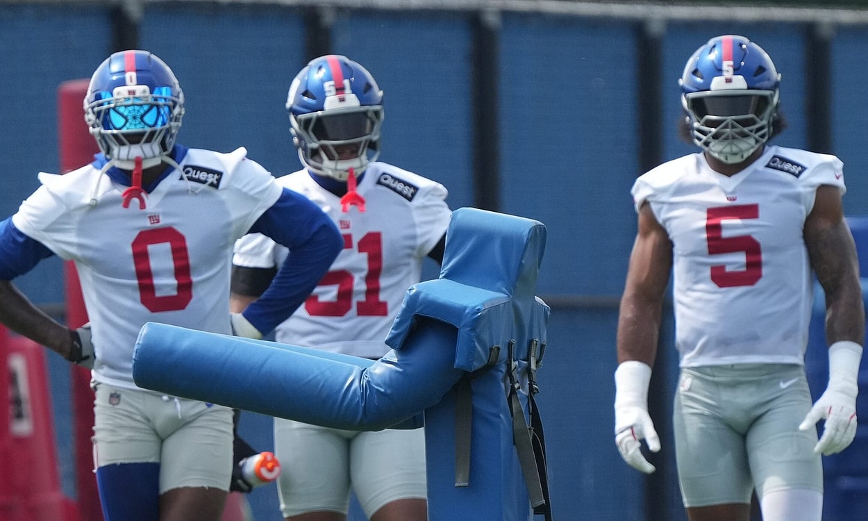 East Rutherford, NJ -- June 5, 2025 -- Linebackers, Brian Burns, Abdul Carter and Kayvon Thibodeaux as the New York Giants players participate in their 2025 OTAÕs at the Quest Diagnostic Giants Training Center in East Rutherford.