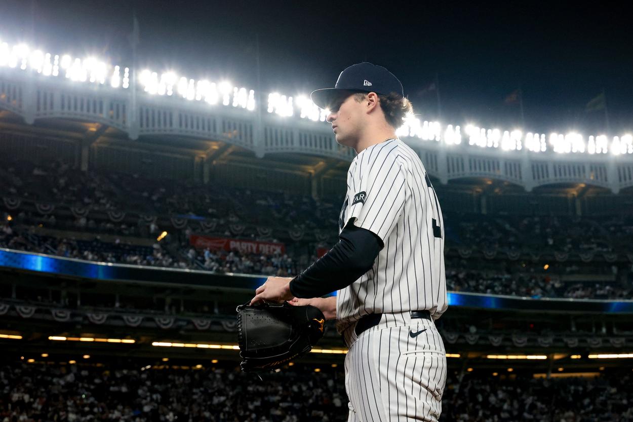 Cam Schlittler pitching for the New York Yankees during a postseason game