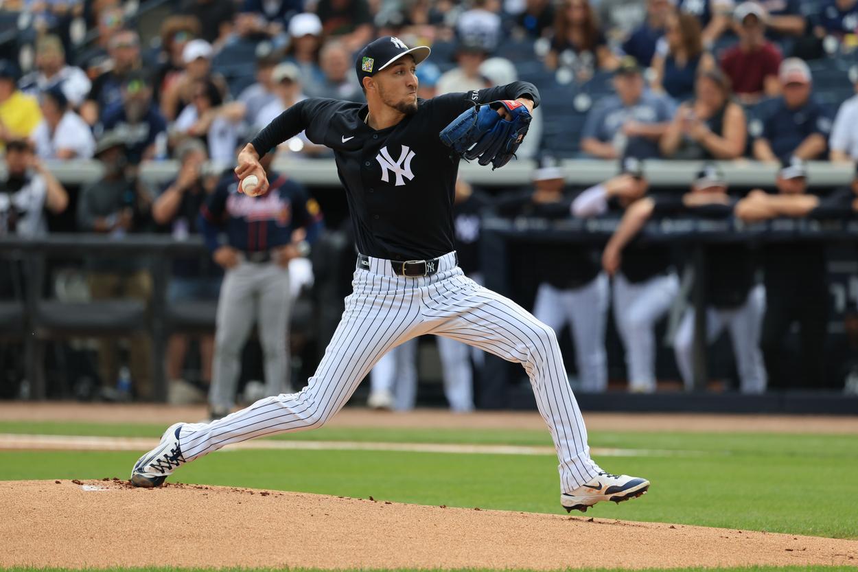 Elmer Rodriguez pitching for the Yankees during spring training