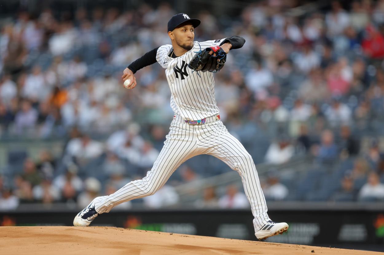 Elmer Rodriguez pitching for the Yankees