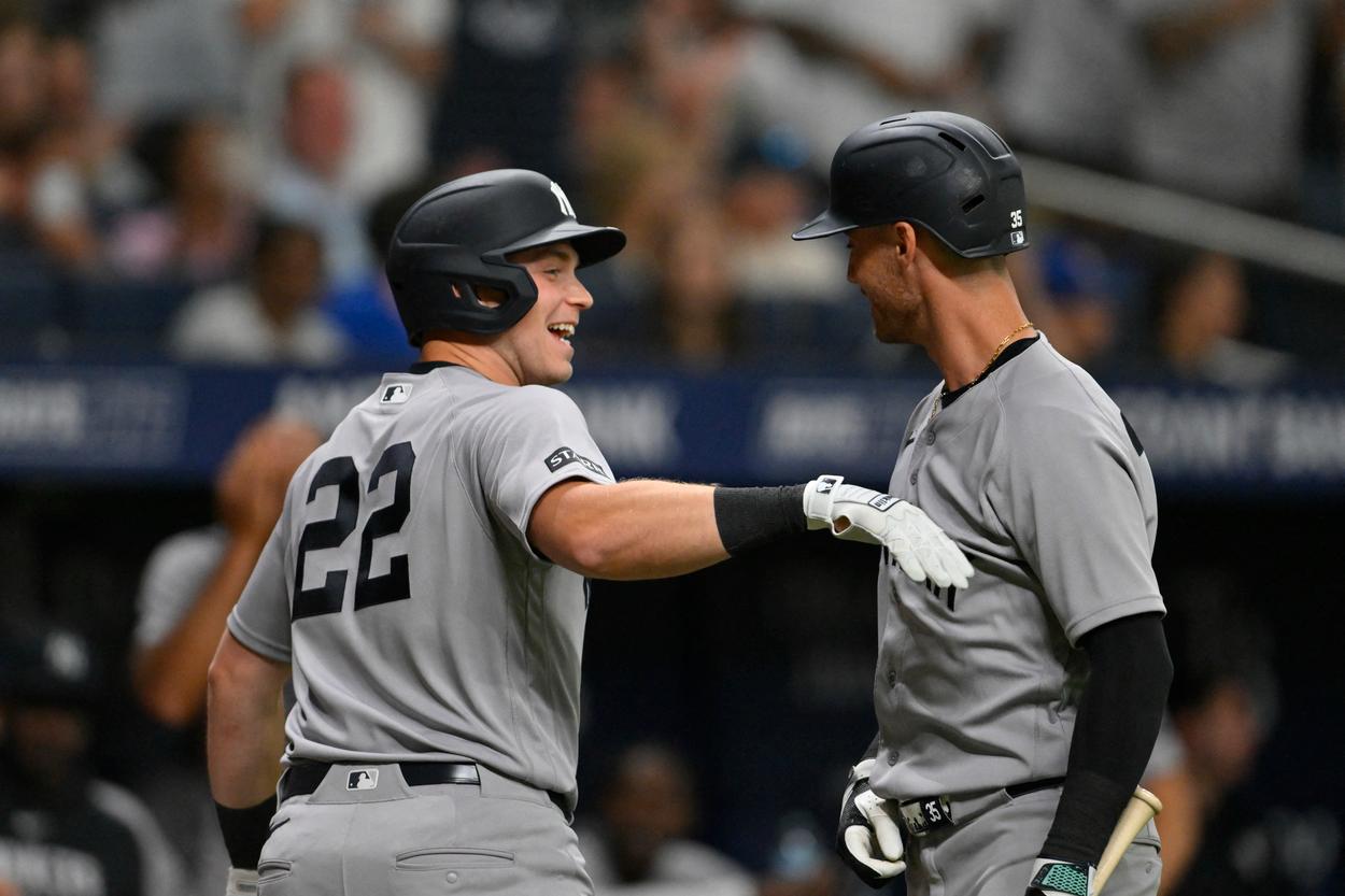 Ben Rice celebrating with the Yankees during a game