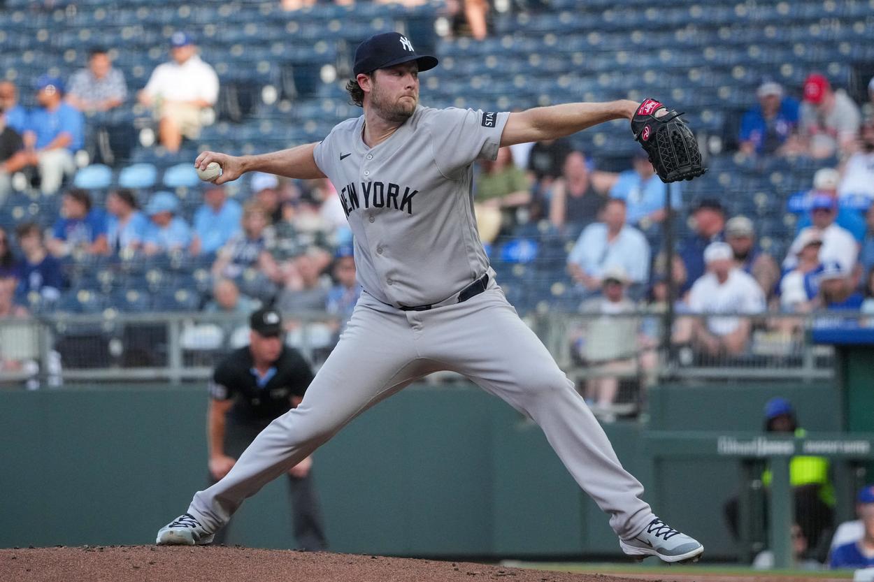 Gerrit Cole delivers a pitch for the Yankees against the Royals