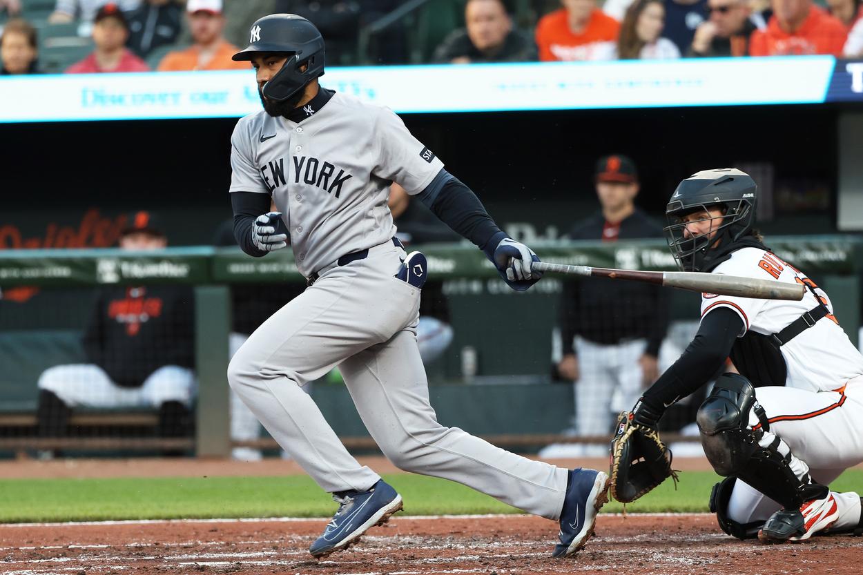 Amed Rosario hitting for the Yankees against the Orioles