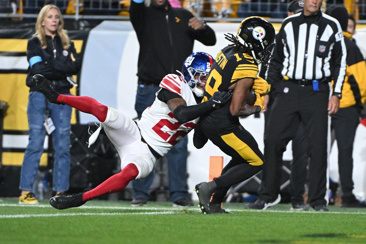 Calvin Austin catches a touchdown against the Giants before joining New York