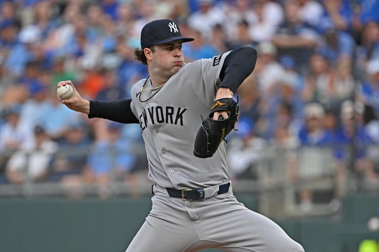 Cam Schlittler throws a pitch for the Yankees against the Royals