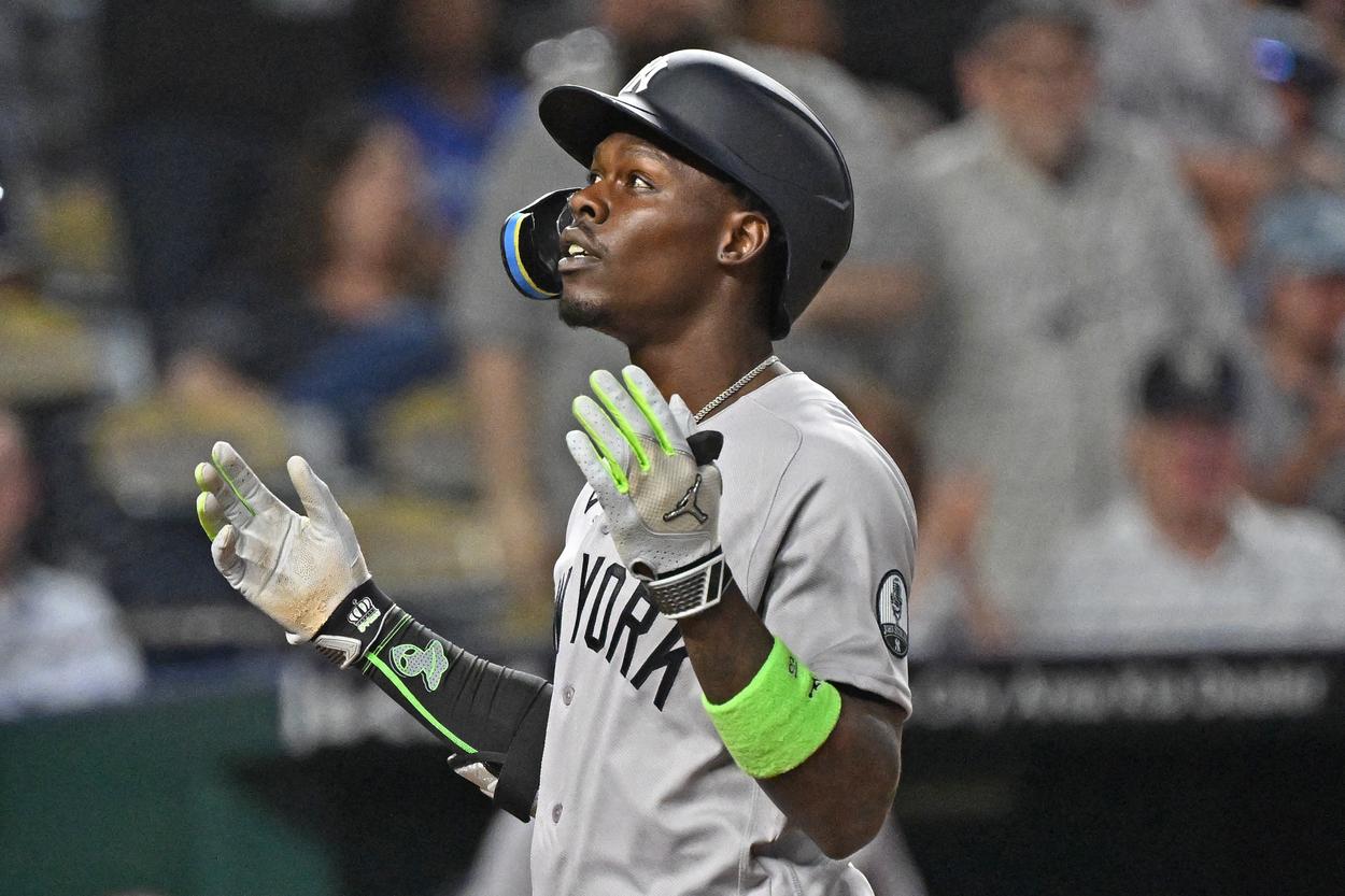 Jazz Chisholm looks on during a Yankees game against the Royals