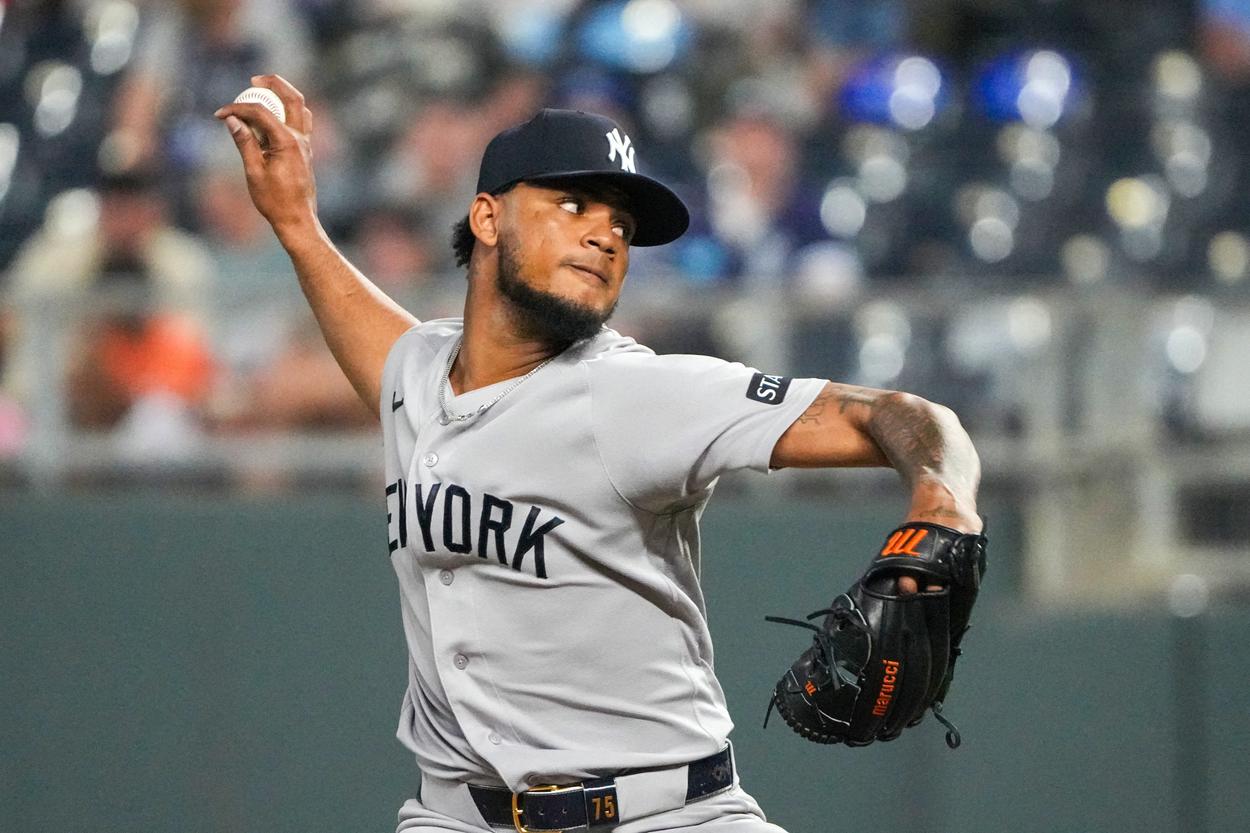 Camilo Doval delivers a pitch for the Yankees against the Royals