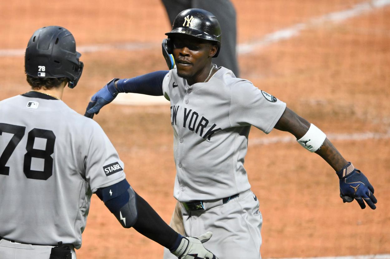 Jazz Chisholm Jr. celebrating a home run for the Yankees