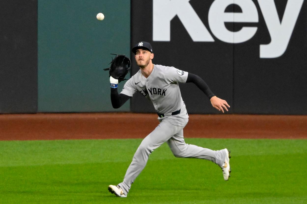 Cody Bellinger making a running catch for the Yankees