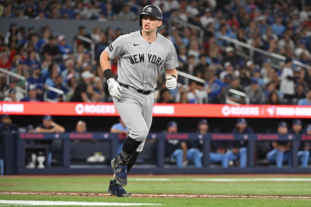 Ben Rice reacts after a home run for the Yankees in Toronto