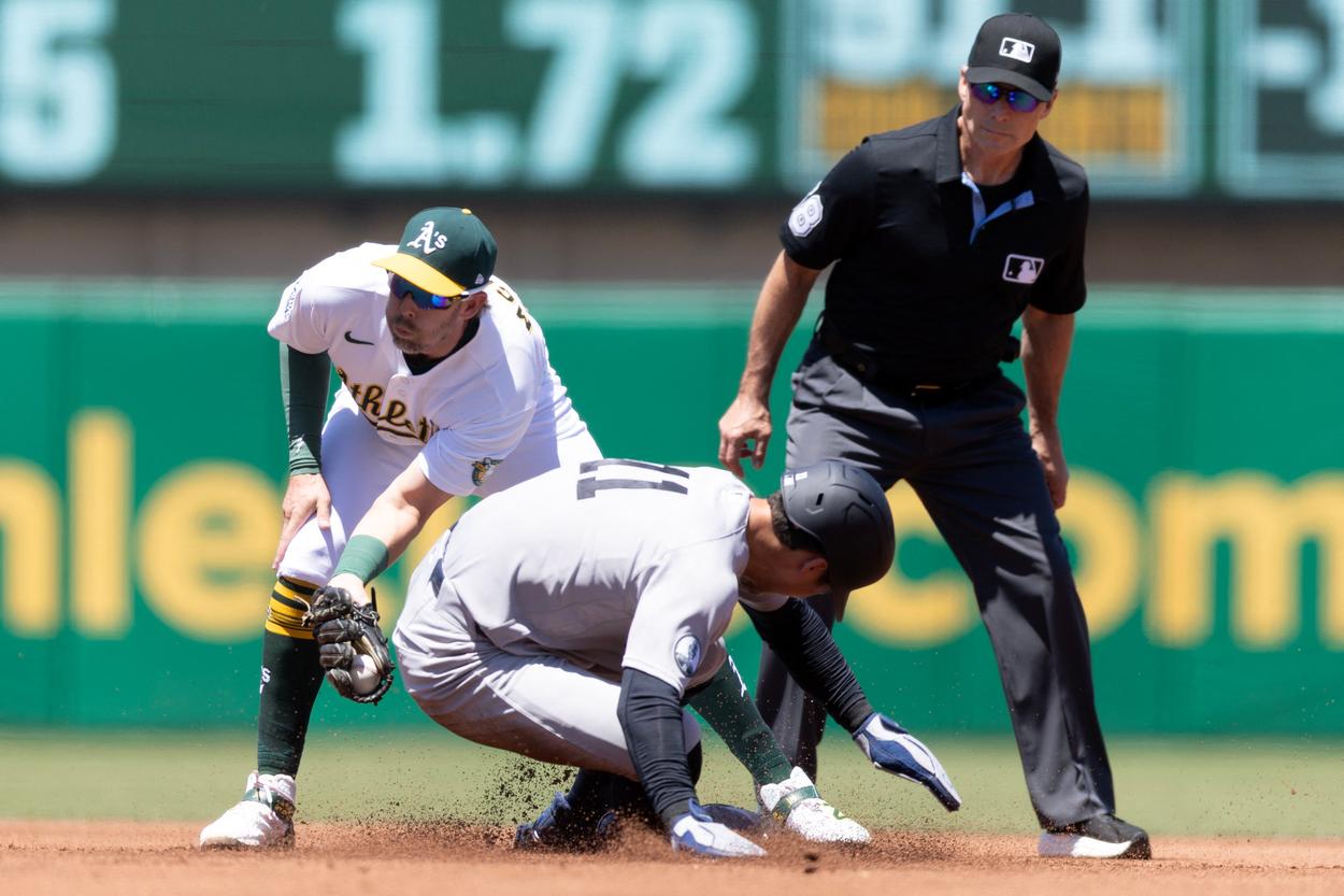 Anthony Volpe steals second base for the Yankees against the Athletics