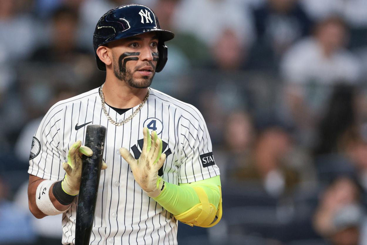 Jose Caballero reacts during a Yankees game against Cleveland