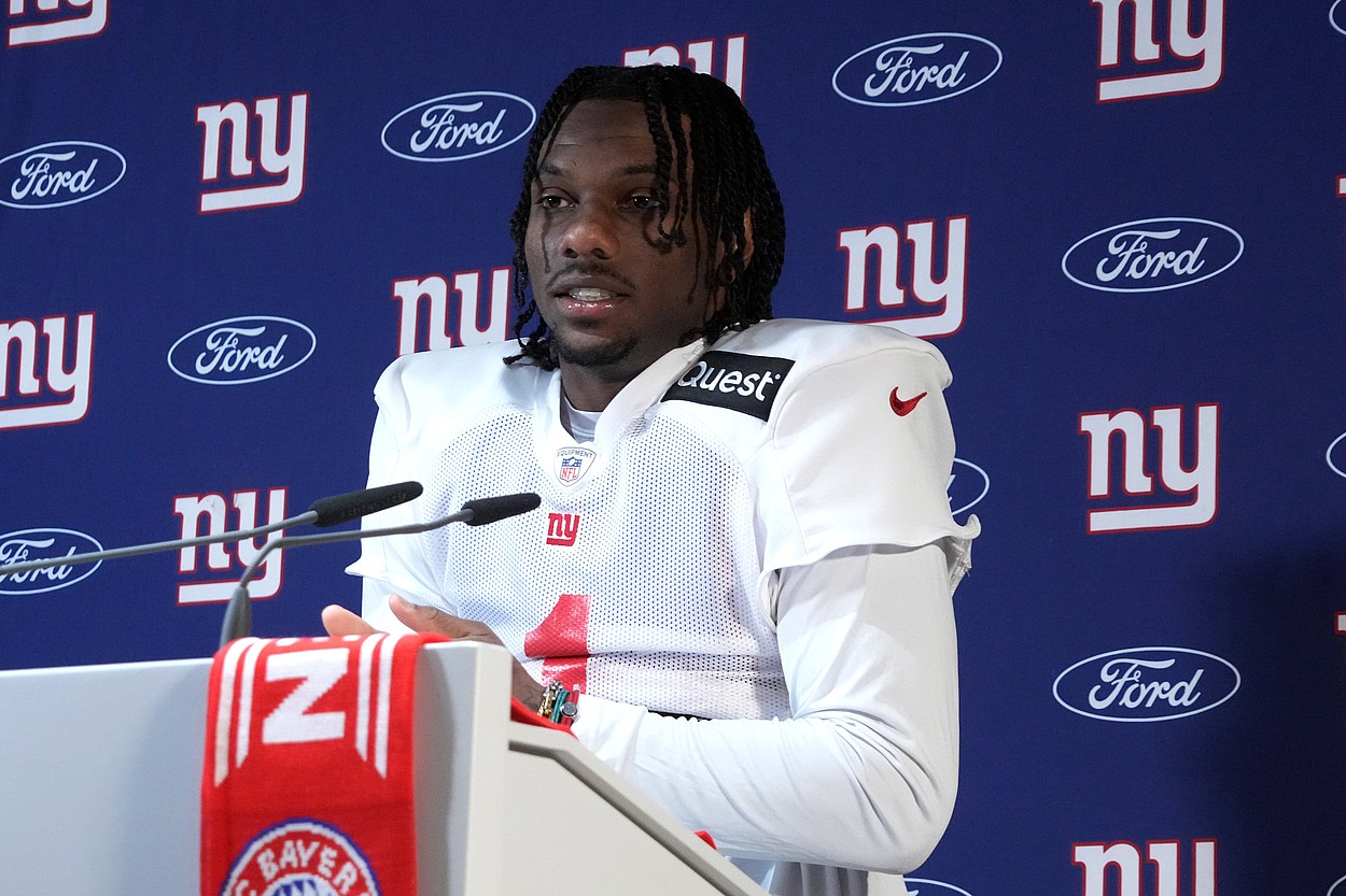 Nov 8, 2024; Munich, Germany; New York Giants wide receiver Malik Nabers (1) during press conference at the FC Bayern Munchen training grounds at Sabener Strasse.  Mandatory Credit: Kirby Lee-Imagn Images