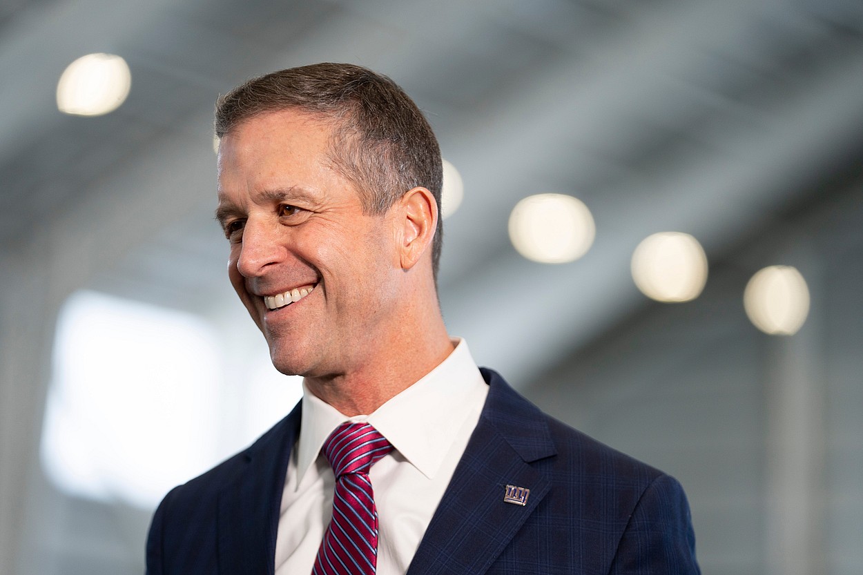 New Giants Head Coach John Harbaugh speaks with members of the media during a press conference welcoming Harbaugh at the Quest Diagnostics Training Center in East Rutherford on Tuesday, Jan. 20, 2025.