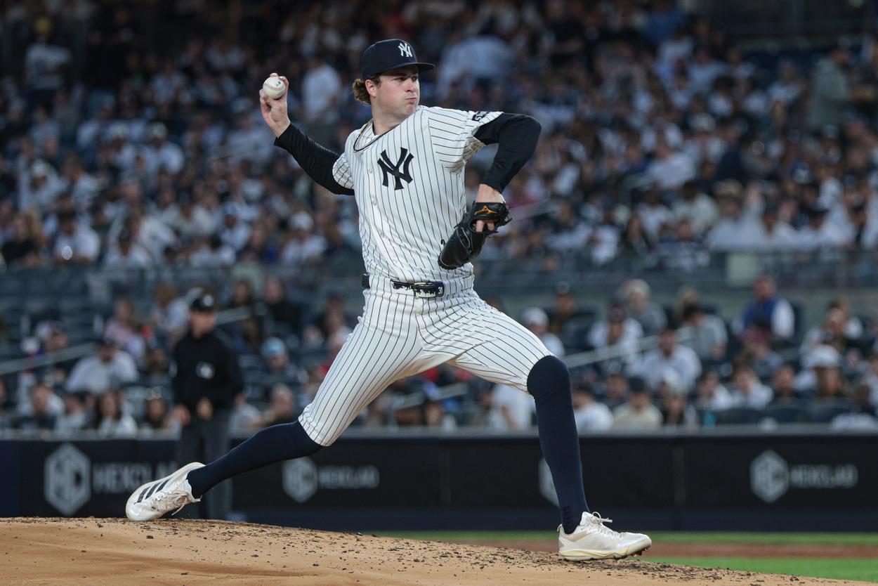 Cam Schlittler pitching for the Yankees against the Royals