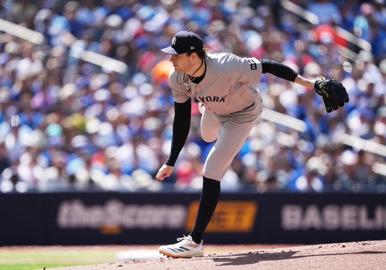 Cam Schlittler pitching for the Yankees during a game