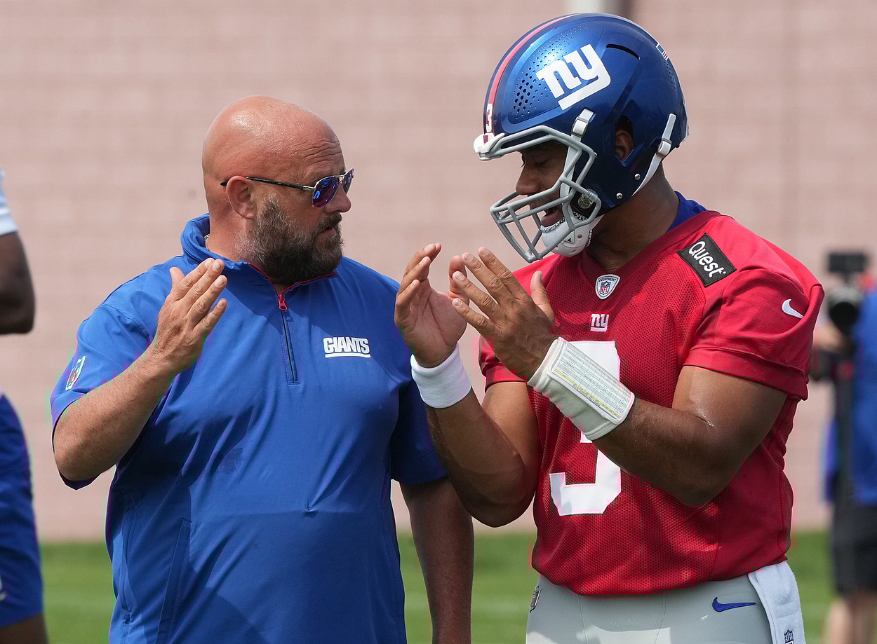 East Rutherford, NJ -- June 5, 2025 -- Quarterback, Russell Wilson and Coach Brian Daboll as the New York Giants players participate in their 2025 OTAÕs at the Quest Diagnostic Giants Training Center in East Rutherford.