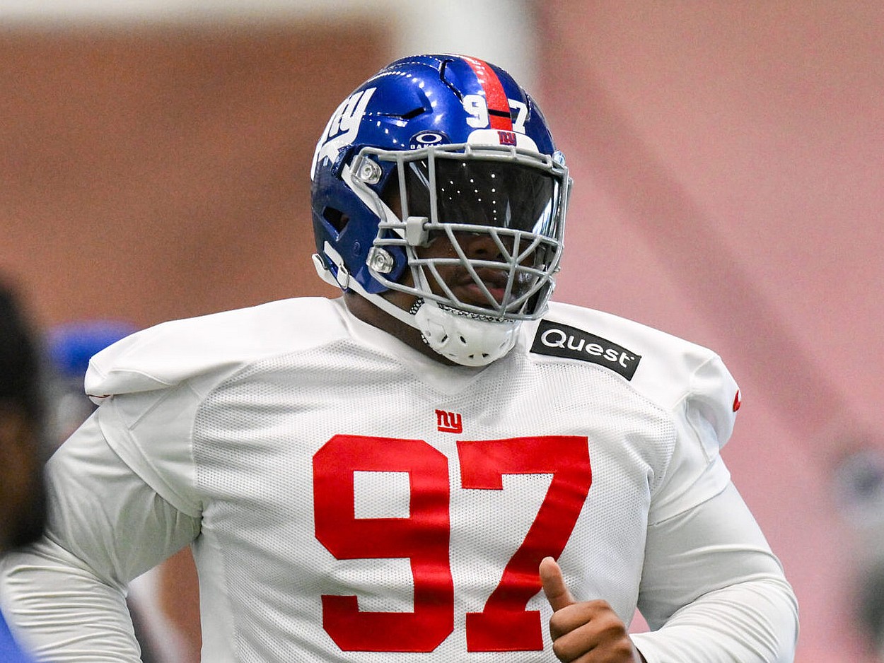 Jun 17, 2025; East Rutherford, NJ, USA; New York Giants defensive tackle Dexter Lawrence II (97) participates in a drill during minicamp at Quest Diagnostics Training Center. Mandatory Credit: John Jones-Imagn Images