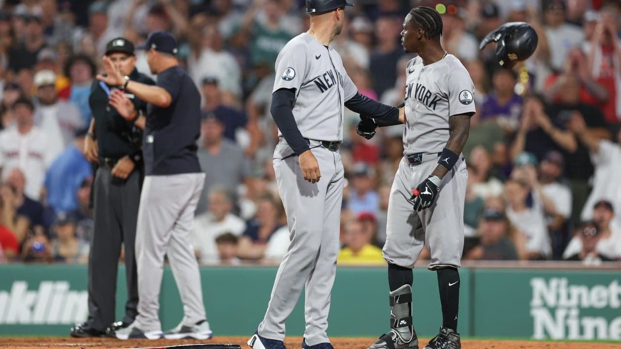 Jazz Chisholm Jr. talking during a Yankees game at Fenway Park