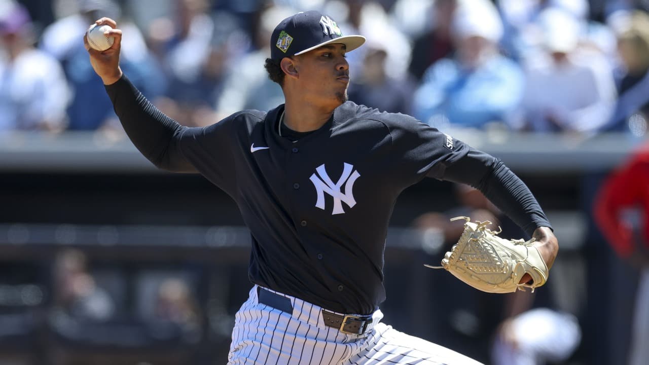 Carlos Lagrange pitching for the Yankees in a spring training game