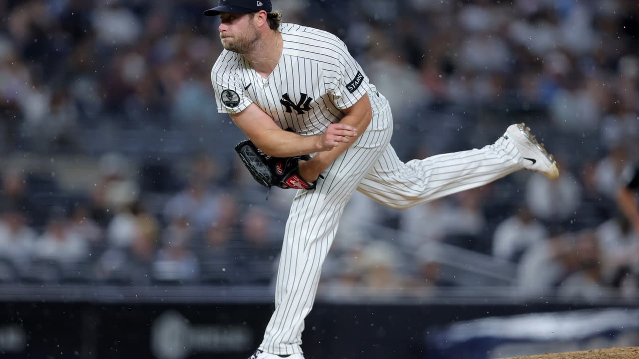 Gerrit Cole following through on a pitch for the Yankees