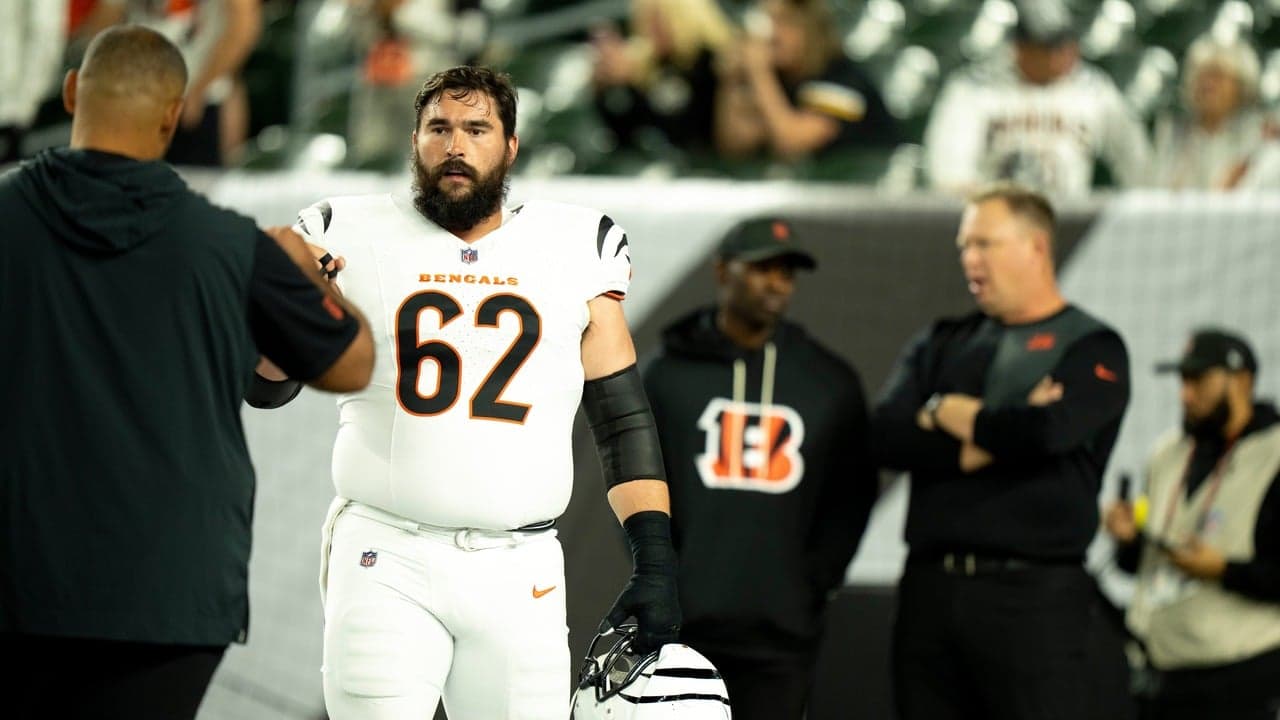 Lucas Patrick standing before a game as the Giants study interior line depth