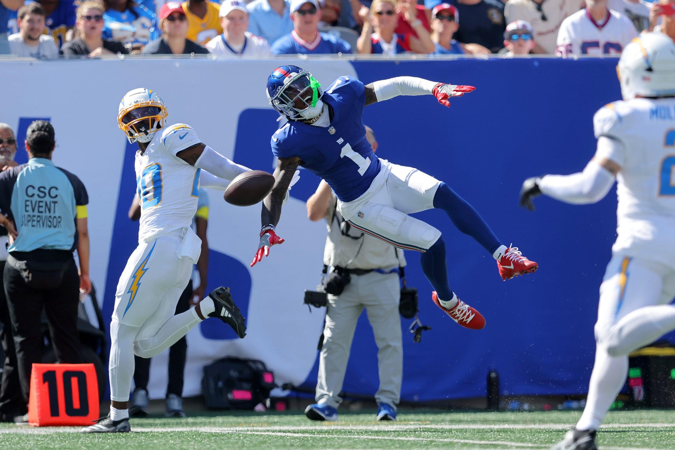 Malik Nabers running after a catch for the Giants