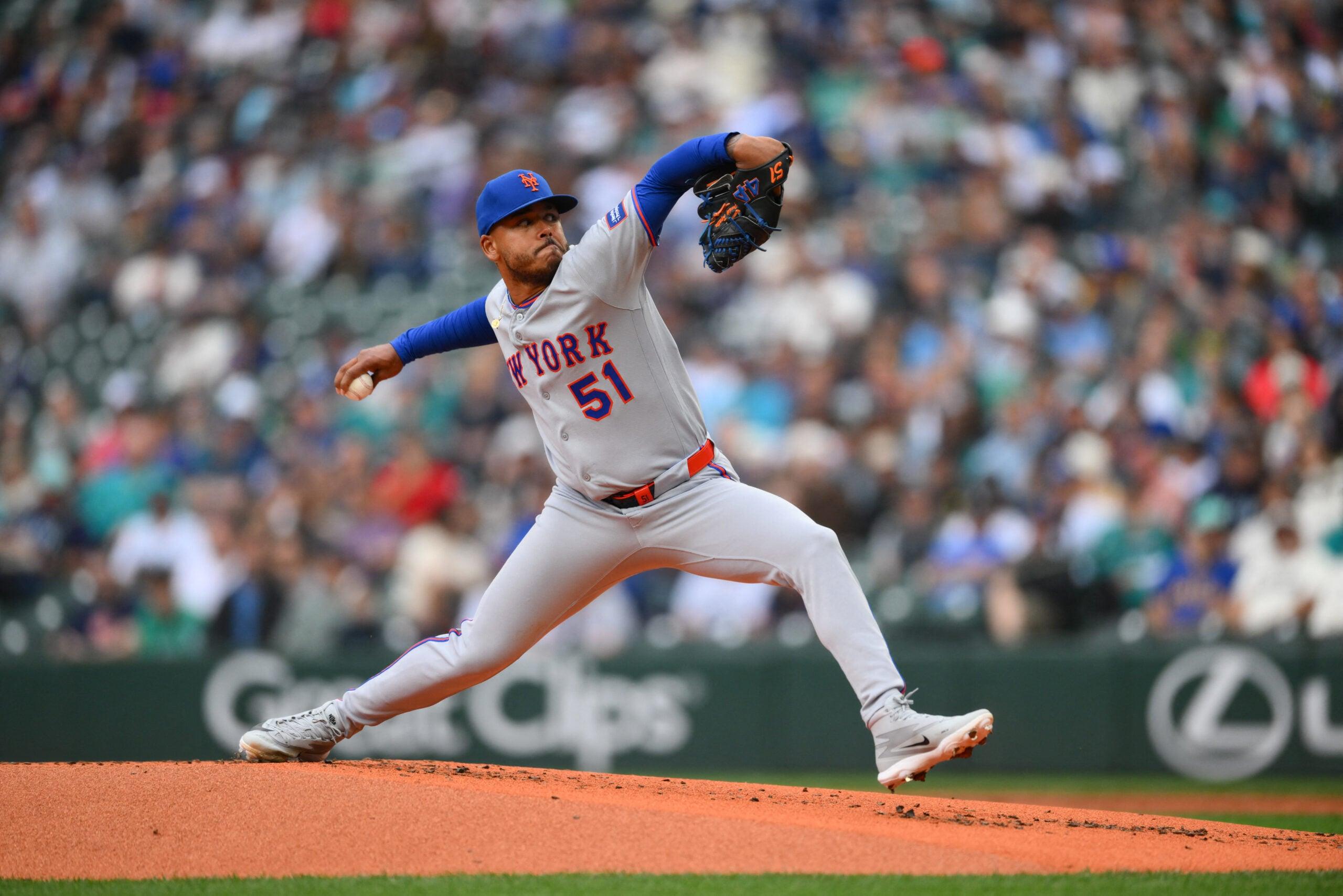 Freddy Peralta pitching for the New York Mets during a 2026 game against the Seattle Mariners