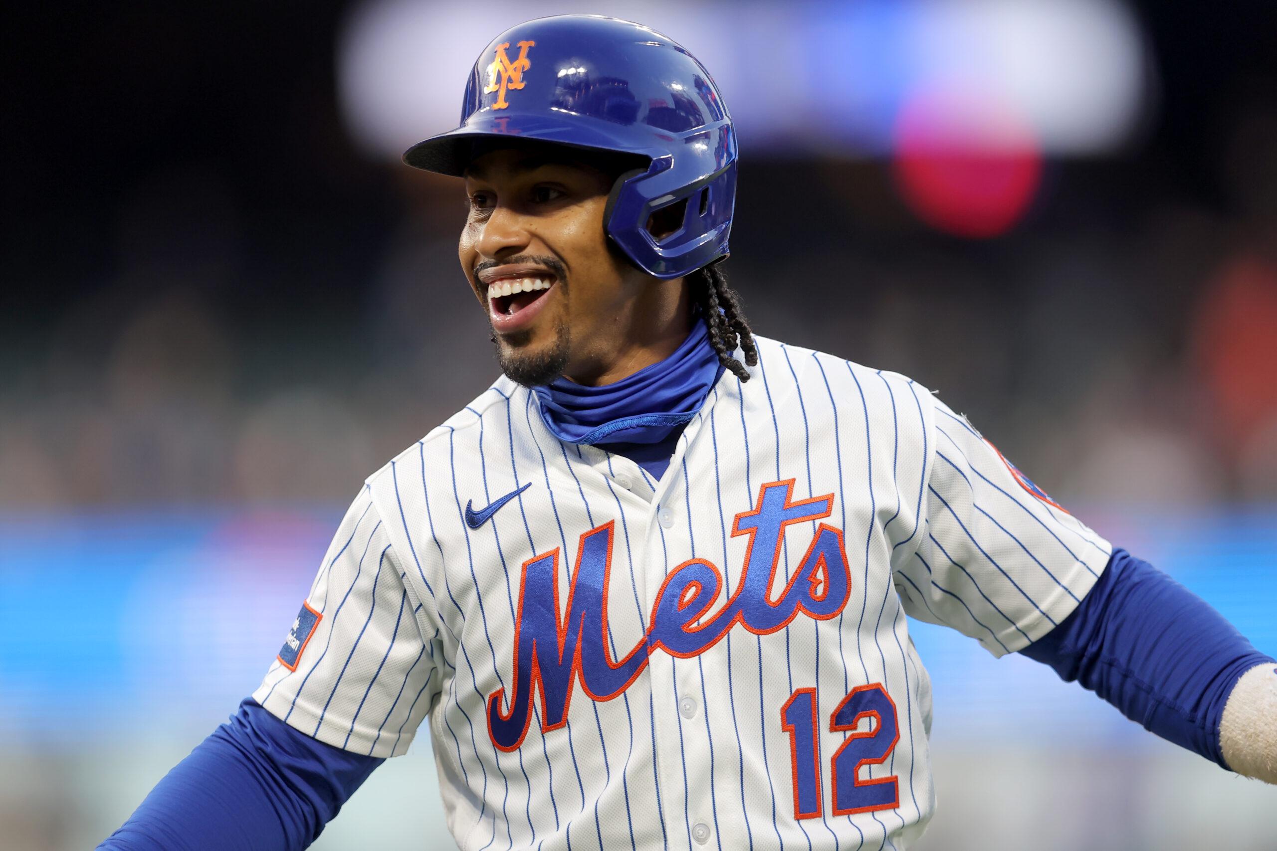 Francisco Lindor reacts after an RBI infield single for the Mets