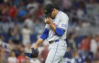 May 18, 2024; Miami, Florida, USA;  New York Mets relief pitcher Edwin Diaz (39) reacts as he leaves the mound after giving up four runs against the Miami Marlins in the ninth inning at loanDepot Park. Mandatory Credit: Rhona Wise-USA TODAY Sports