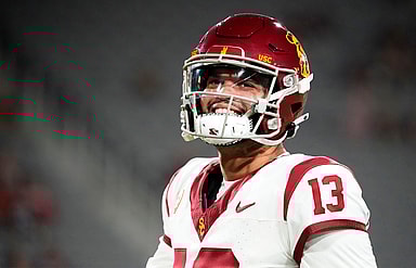 USC Trojans quarterback Caleb Williams (New York Giants prospect) (13) during the pregame warmup before playing the Arizona State Sun Devils at Mountain America Stadium