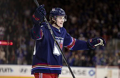 New York Rangers center Matt Rempe (73) celebrates a goal that was later overturned by replay during the second period against the St. Louis Blues at Madison Square Garden